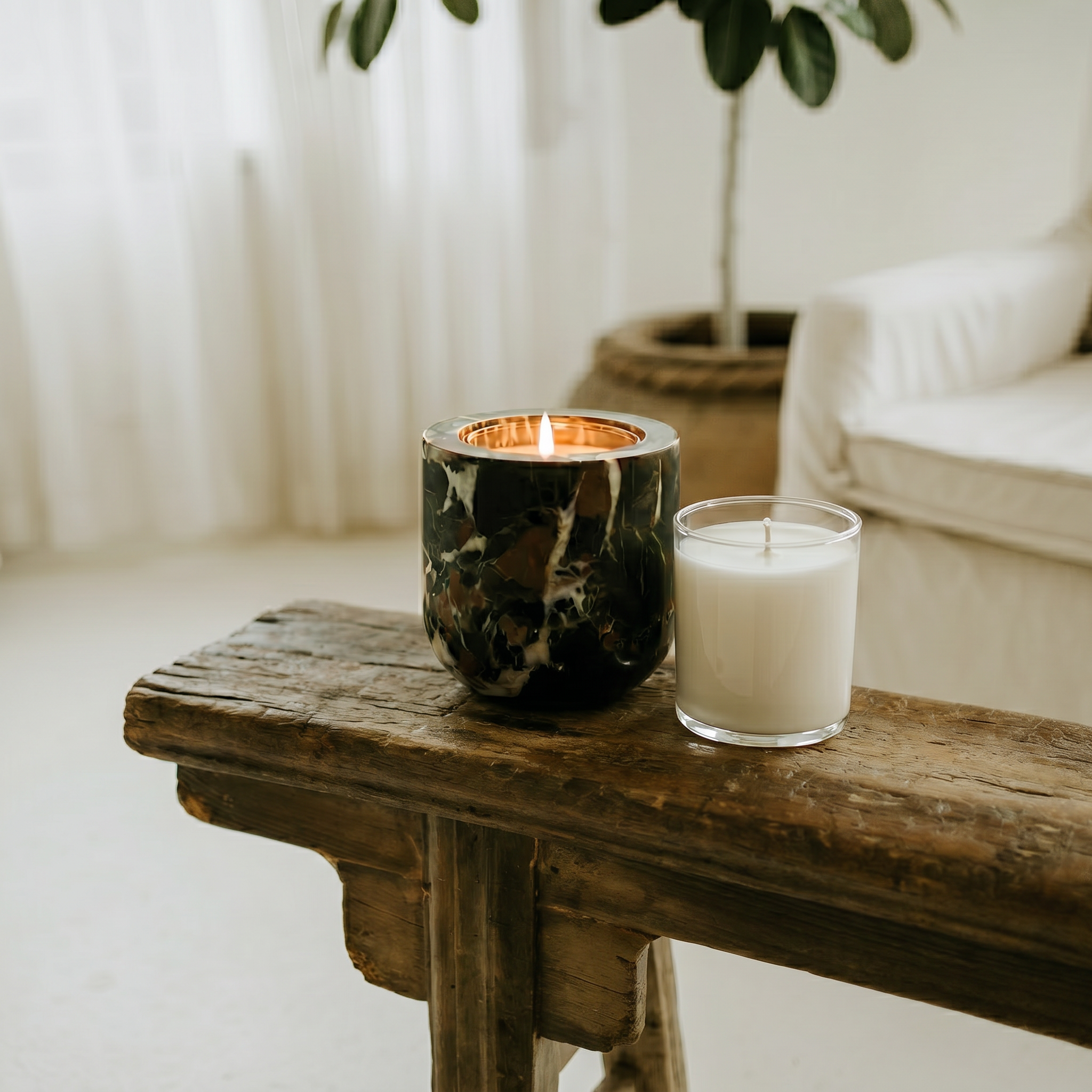 Speakeasy Candle Refill Insert placed into Portoro Marble refillable stone vessel
