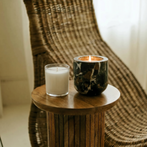 Fireside Embers Candle Refill Insert placed into Portoro Marble refillable stone vessel