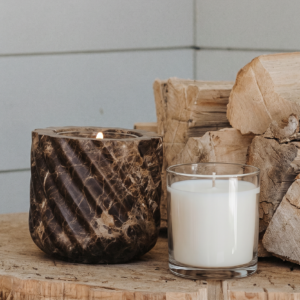Autumn Weekend Candle Refill Insert placed into Brown Emperador Marble refillable stone vessel