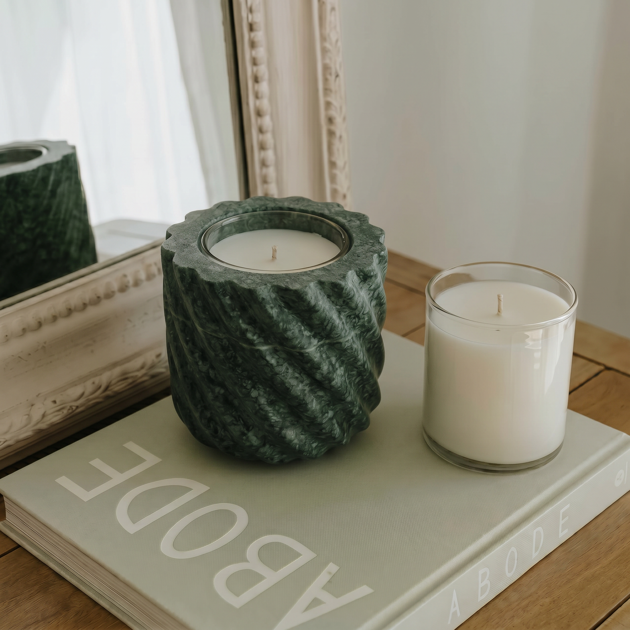 Fresh Balsam Candle Refill Insert placed into Emerald Green Marble refillable stone vessel