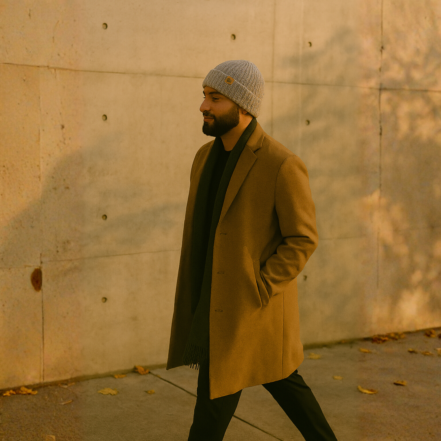 Man in a beige coat and gray beanie walking by a concrete wall in warm light.