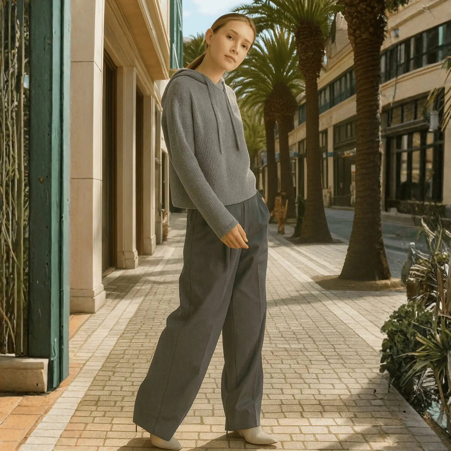 Woman in casual grey outfit posing on a sunny palm-lined street.