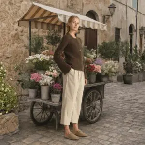 A woman stands beside a flower cart on a cobblestone street.