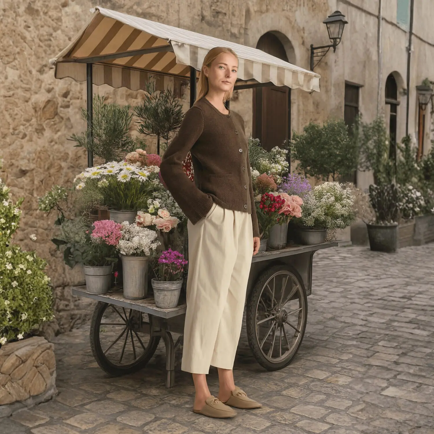 A woman stands beside a flower cart on a cobblestone street.