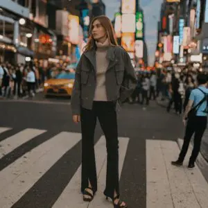 Woman in stylish outfit standing on a city crosswalk at night.