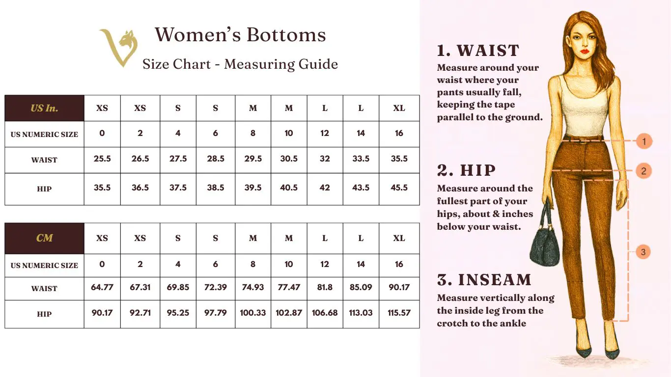 Women's bottoms size chart and measuring guide with detailed instructions.