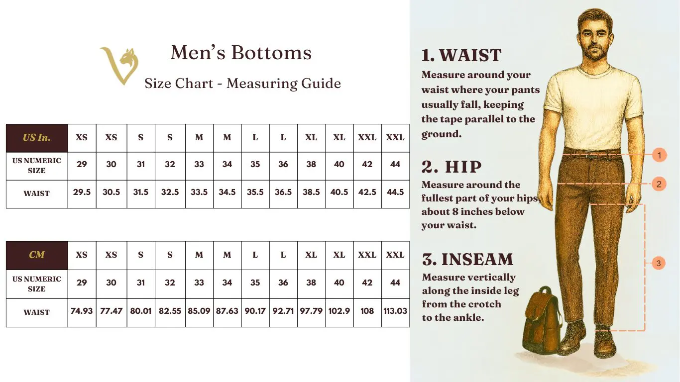 Men's bottoms size chart with measurements and fitting guide.