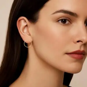Gold filled hoop earrings with textured finish worn by woman