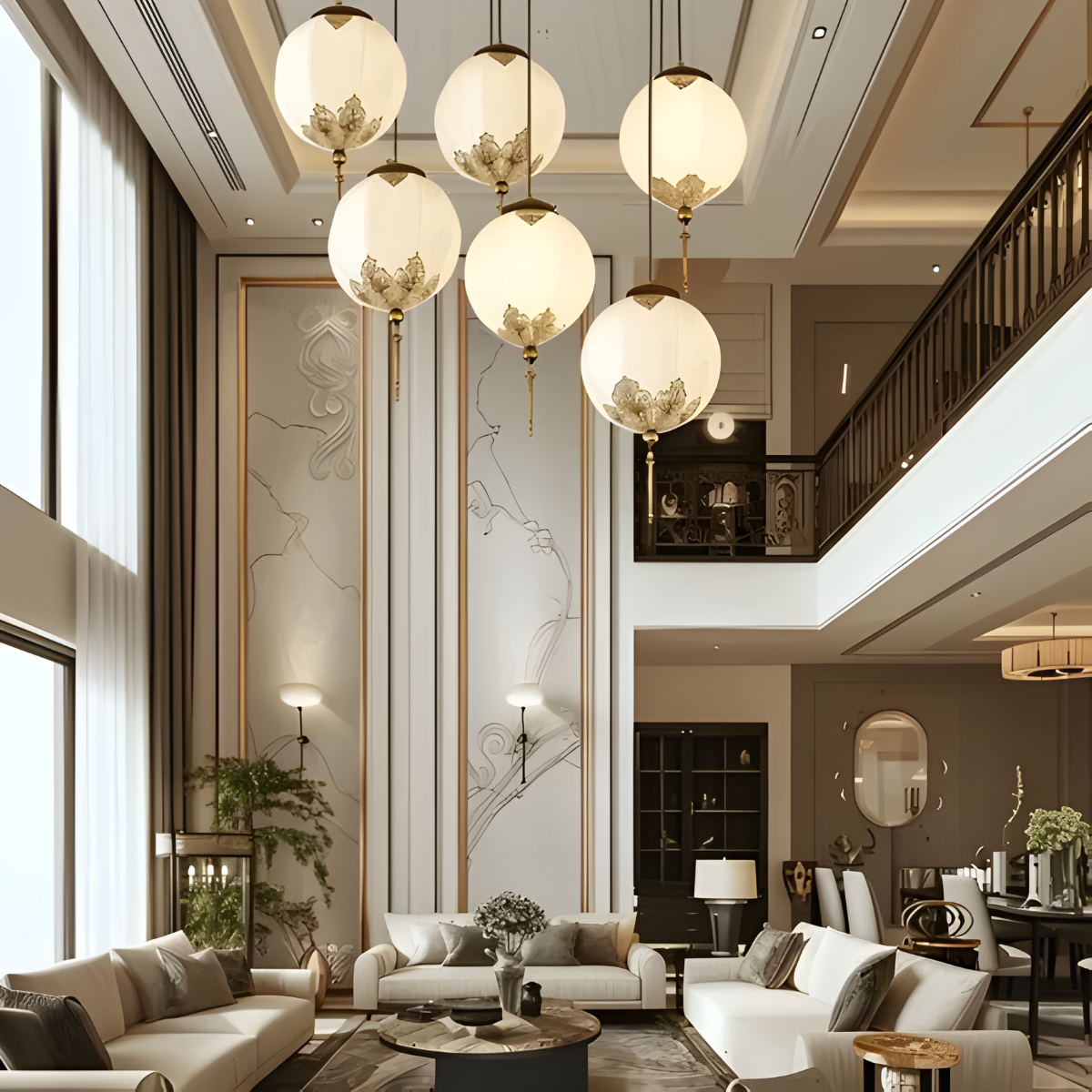 Elegant modern living room with double-height ceiling and hanging lights.