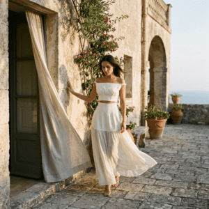 Women's off shoulder top with twisted straps and draped silhouette