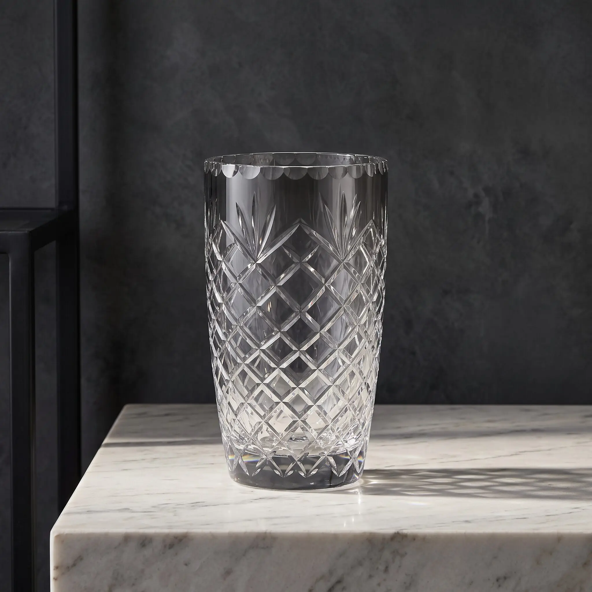 The Vesper optic crystal vase with intricate cut pattern