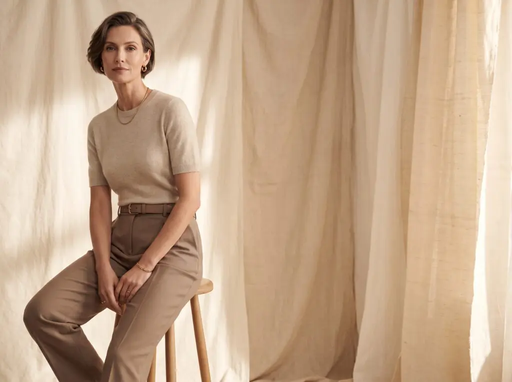 Woman in an oatmeal knit top and taupe trousers in a softly layered neutral setting