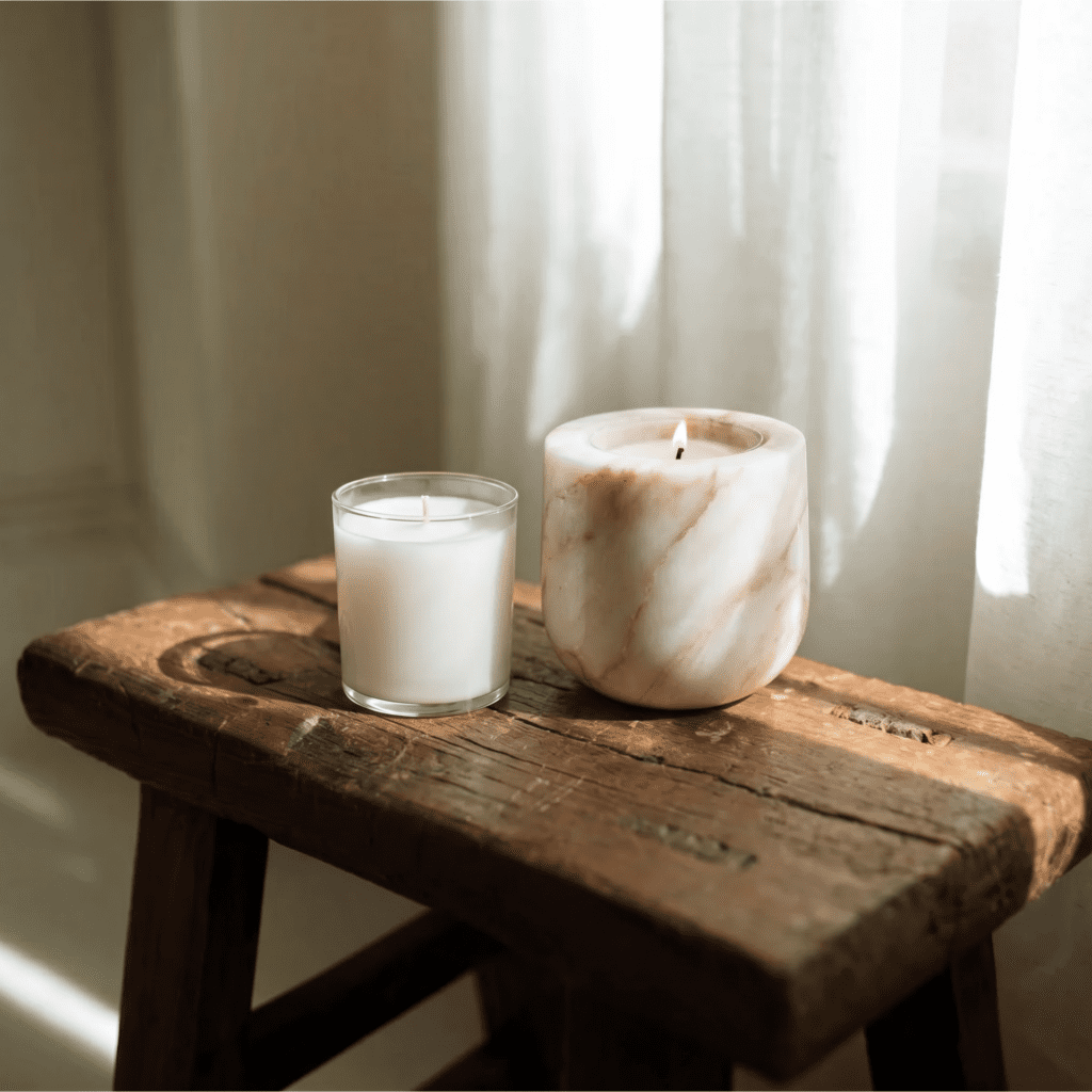 Hotel Lobby Candle Refill Insert placed into Calacatta Gold refillable stone vessel