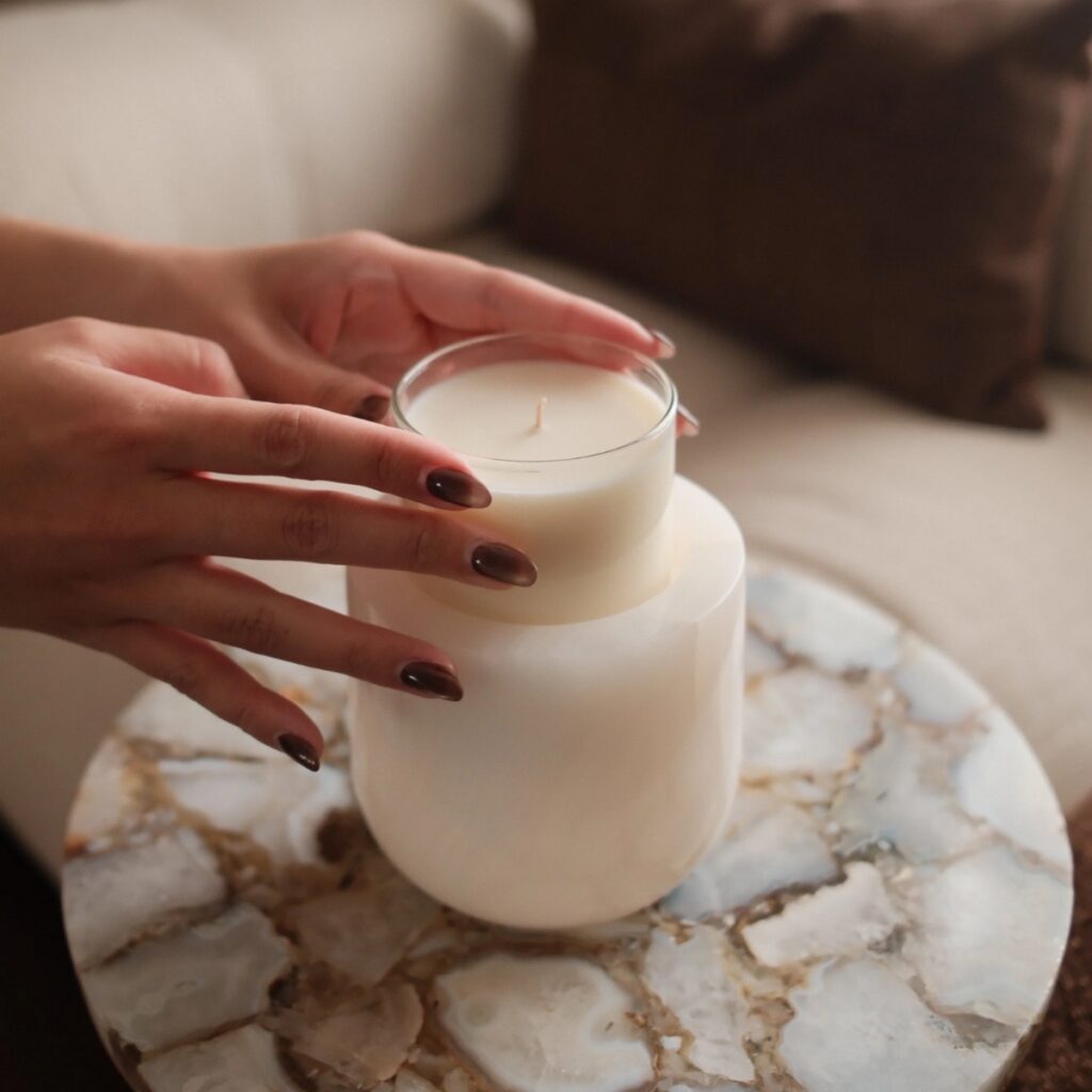 Velvet Vanilla Candle Refill Insert placed into White Onyx refillable stone vessel