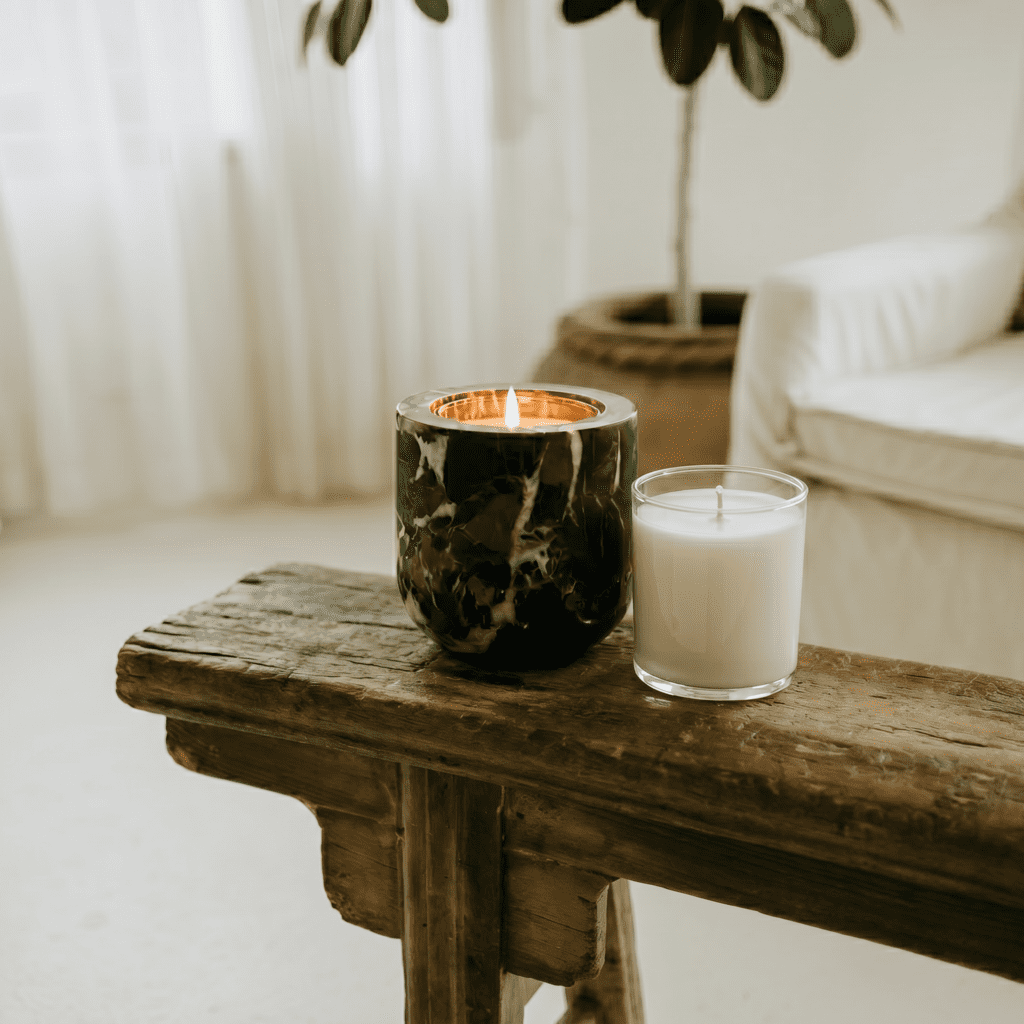 Speakeasy Candle Refill Insert placed into Portoro Marble refillable stone vessel