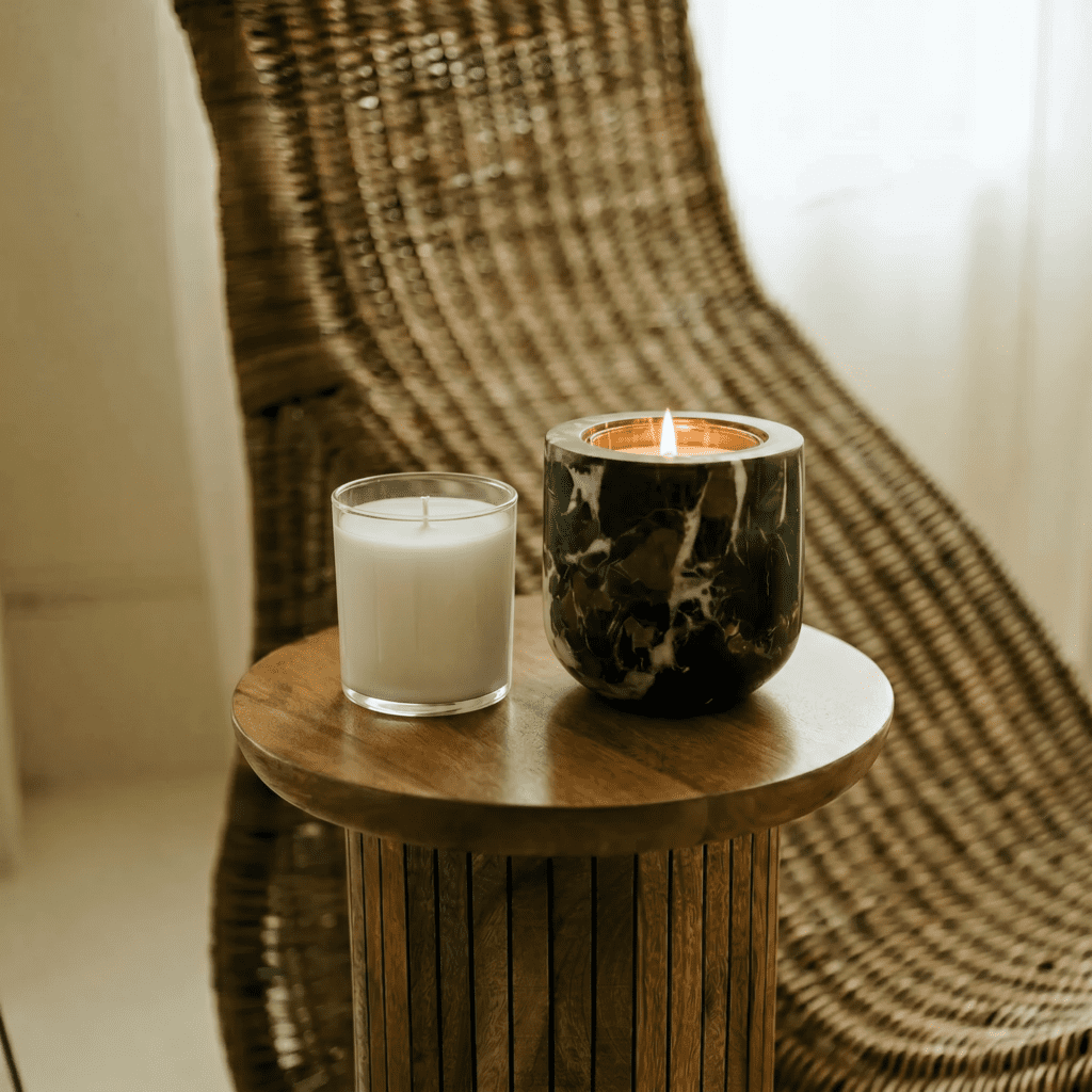 Fireside Embers Candle Refill Insert placed into Portoro Marble refillable stone vessel