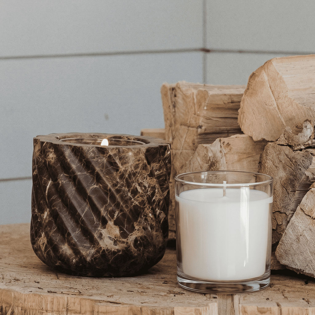 Autumn Weekend Candle Refill Insert placed into Brown Emperador Marble refillable stone vessel
