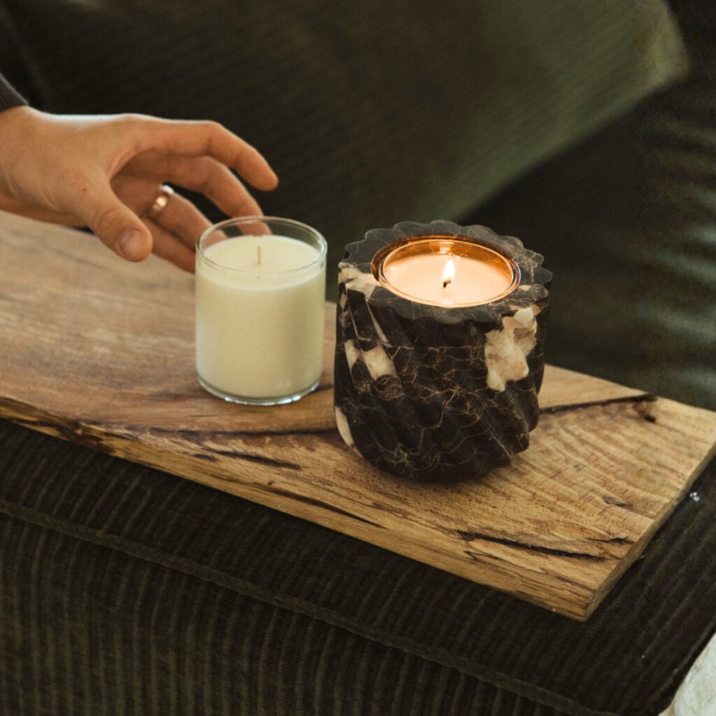 Harvest Season Candle Refill Insert placed into Brown Emperador Marble refillable stone vessel