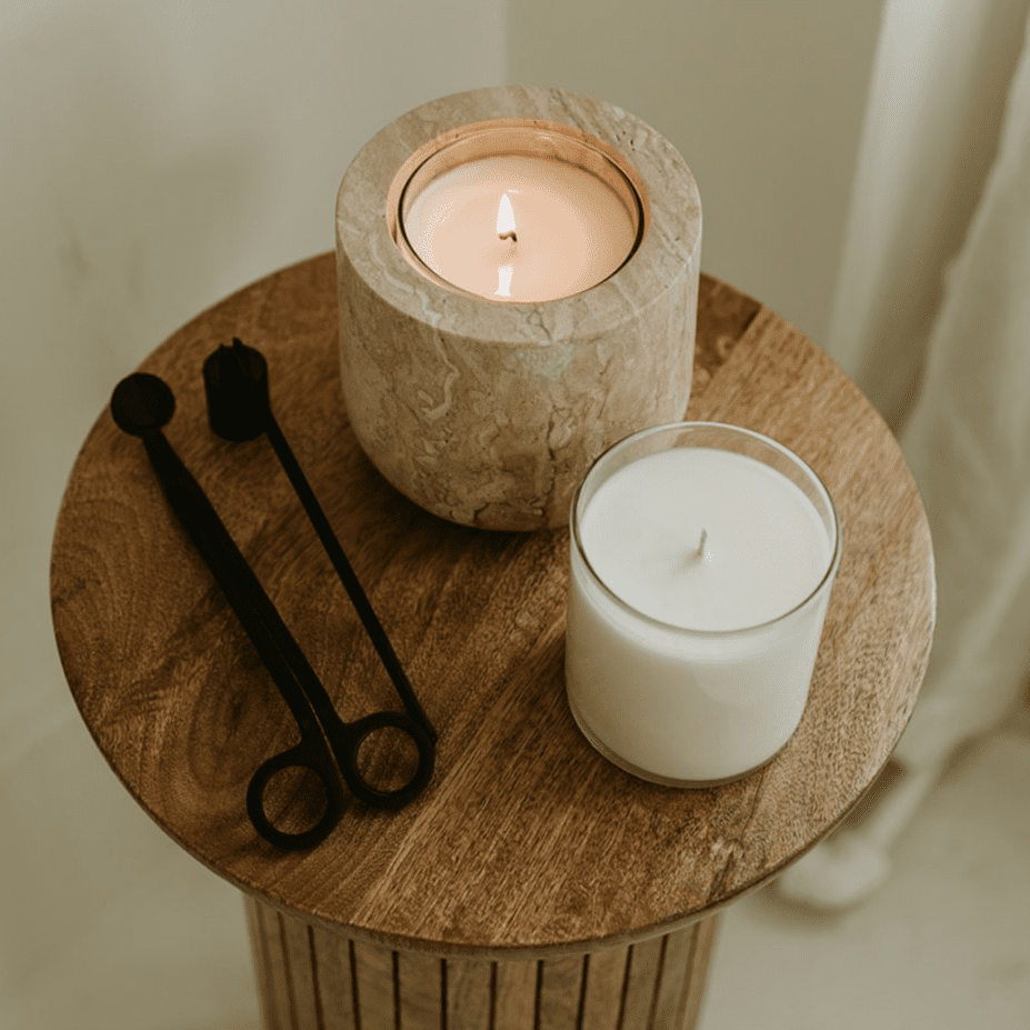 Home Candle Refill Insert placed into a luxury refillable stone vessel