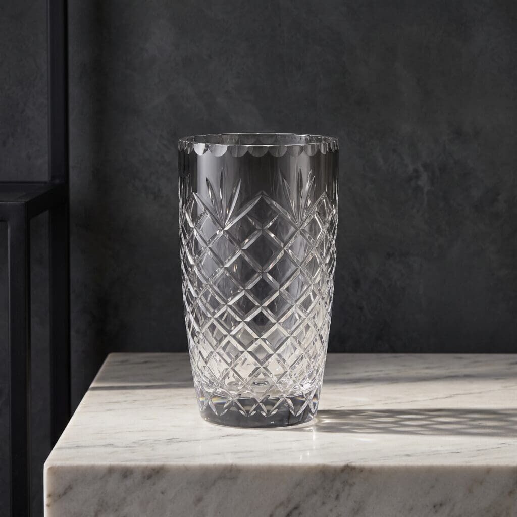 The Vesper optic crystal vase with intricate cut pattern