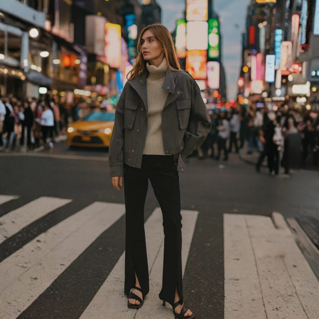 Woman wearing charcoal quilted jacket with mock neck and tailored fit