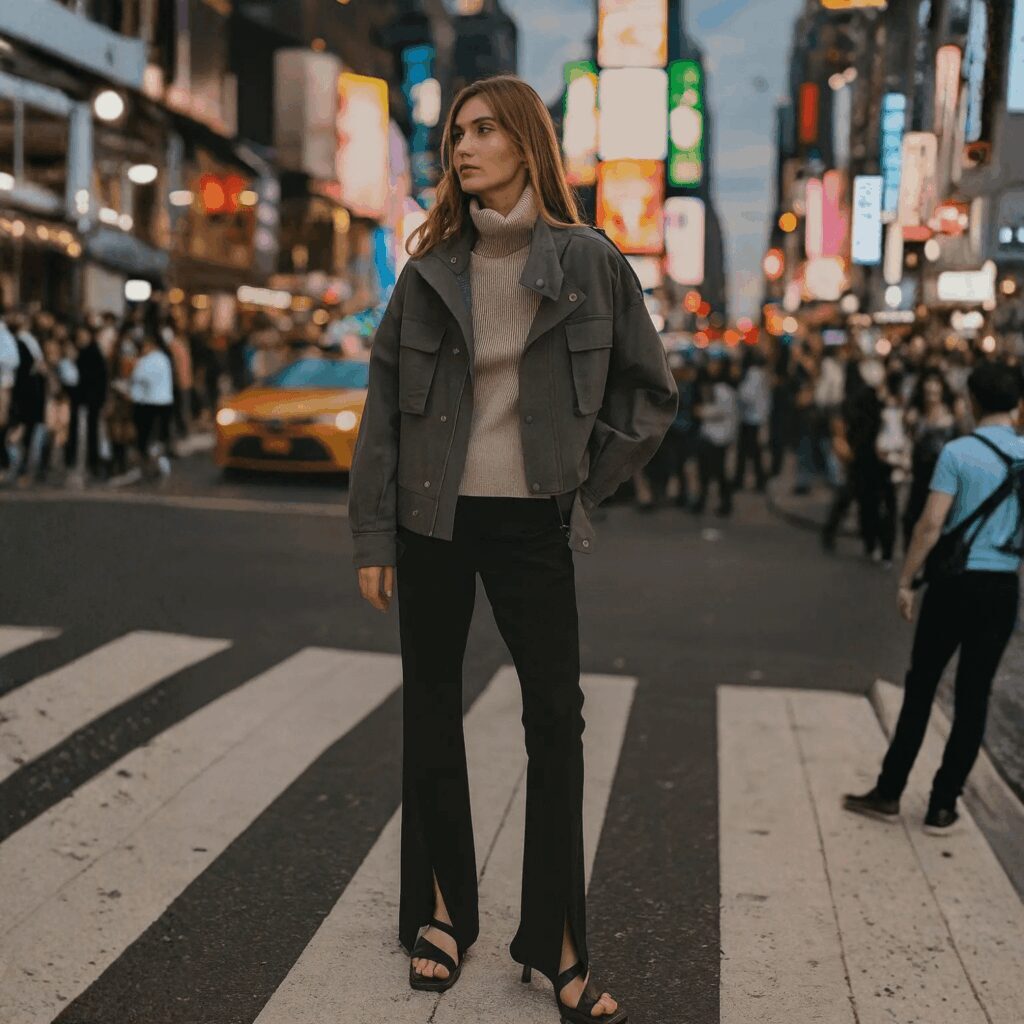 Woman in stylish outfit standing on a city crosswalk at night.