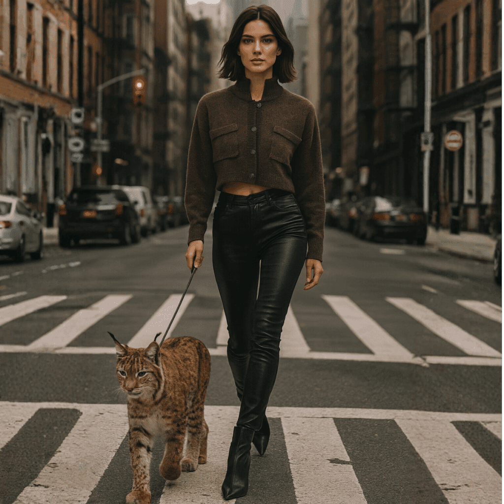 Person confidently walking a cheetah on a city street at dusk.