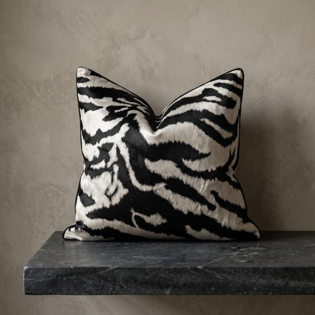 Zebra Luxe black and white zebra pillow cover on charcoal stone